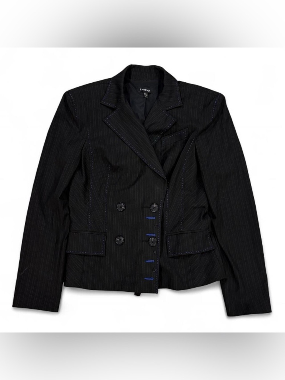Y2K Bebe pinstripe double breasted blazer with blue contrast stitching